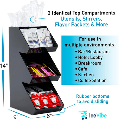 Inevibe Condiment Holder Stand - 3 Tier Compartment for Condiments, Sauce Packets, and Coffee Station Organizer for Bar, Restaurant, Cafe, Home - Black Acrylic Caddy Storage Rack