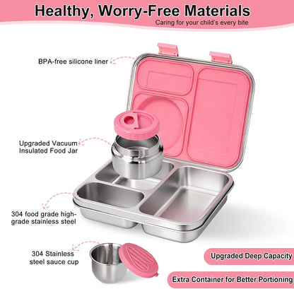 Stainless Steel Bento Lunch Box：7+ Older Kids，Teens ＆ Adult with Insulated Food Jar,Leakproof 3-Compartment,BPA-Free, Eco-Friendly,Dishwasher Safe, Large-Capacity Box, School,Office,Travel （Blue)
