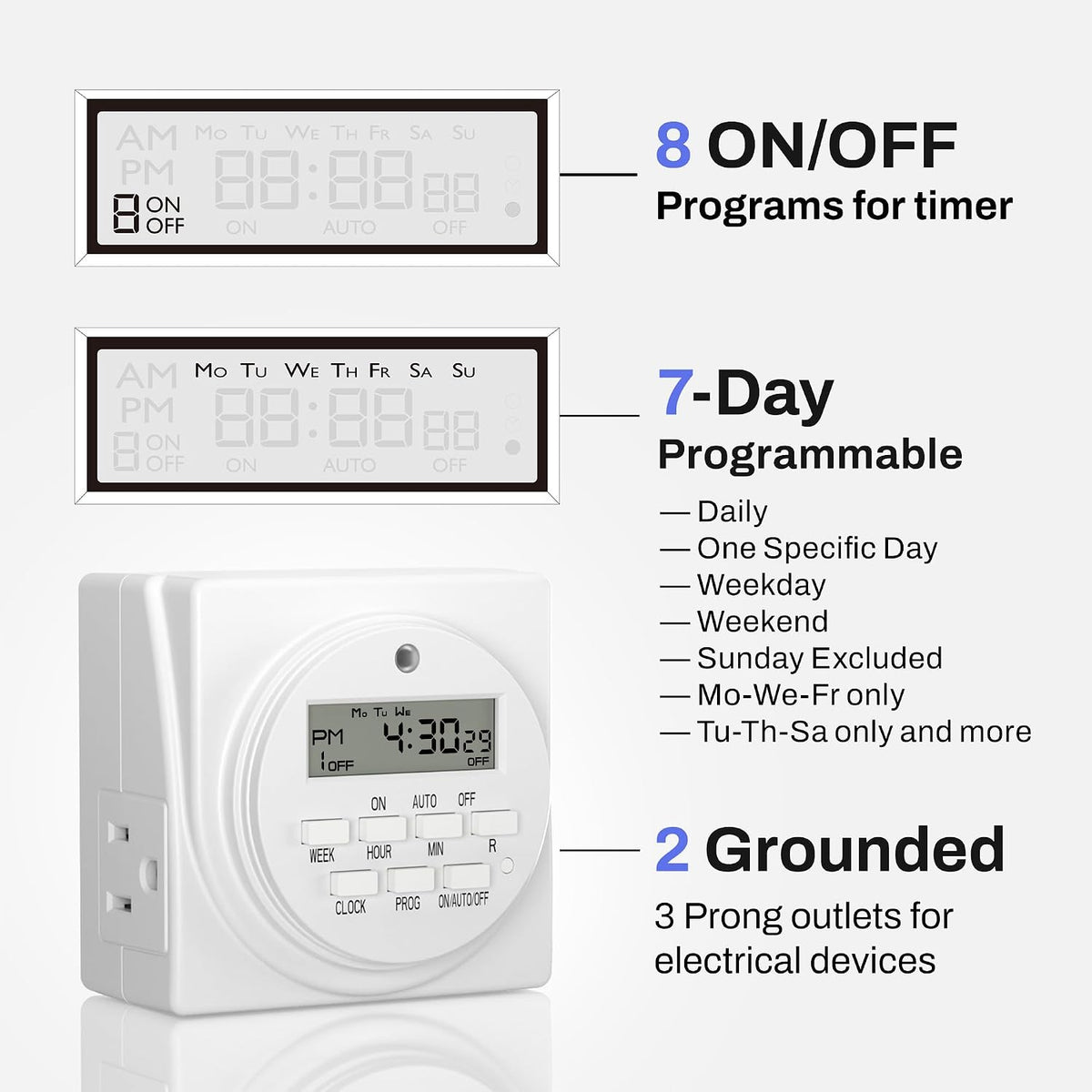 BN-LINK Indoor 7-Day Programmable Digital Timer Outlet, 2 Outlets