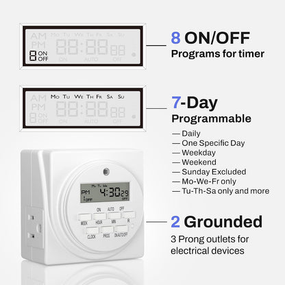 BN-LINK Indoor 7-Day Programmable Digital Timer Outlet, 2 Outlets
