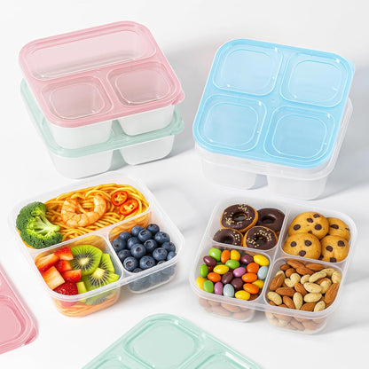 6 Pcs Snack Box Container Set, Reusable 3&4 Compartment Meal Prep Snack Containers for Adults Kids Toddler, BPA-Free Divided Lunchable Container for School, Work and Travel (Transparent Lids)