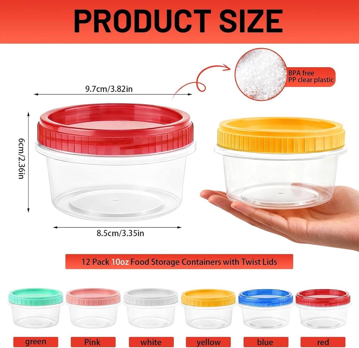 12 Pack Freezer Containers with Screw On Lids, 10oz Stackable Reusable Food Storage Container, Airtight Plastic Storage Containers with Twist Top Lids for Food Sauce Jello Soup