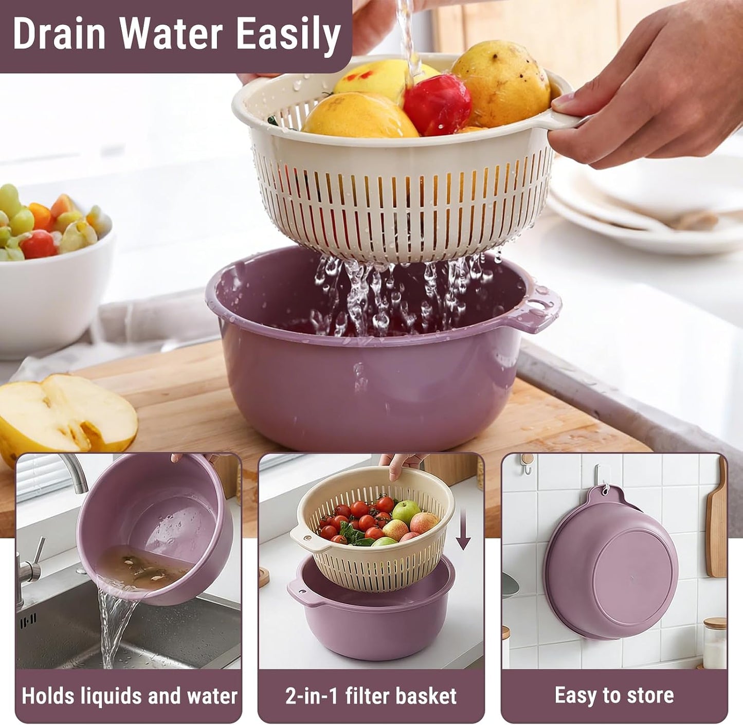 2 in 1 Colander Bowl Set, Detachable Strainer and Serving Bowl Kitchen Fruit Vegetable Washing Drainer for Home Meal Prep and Salad Making (Extra Large 20x9x24cm)
