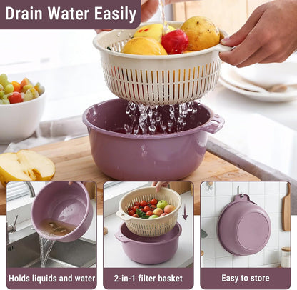 2 in 1 Colander Bowl Set, Detachable Strainer and Serving Bowl Kitchen Fruit Vegetable Washing Drainer for Home Meal Prep and Salad Making (Extra Large 20x9x24cm)