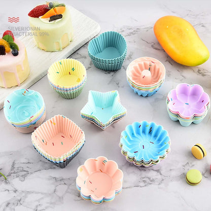 48 Pack Silicone Muffin Cups, Silicone Baking Cups, Muffin Liners, Reusable Cupcake Liners Nonstick, 9 Shapes Pastry Cake Molds Bento Lunch Box Dividers