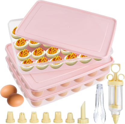 3 Pcs 72 Count Deviled Egg Containers with Lid and 8 Pcs Deviled Egg Injector Piping Tool & Tong, Portable Storage Carrier Egg Holder, Fridge Stackable Deviled Egg Tray Plastic Egg Organizer