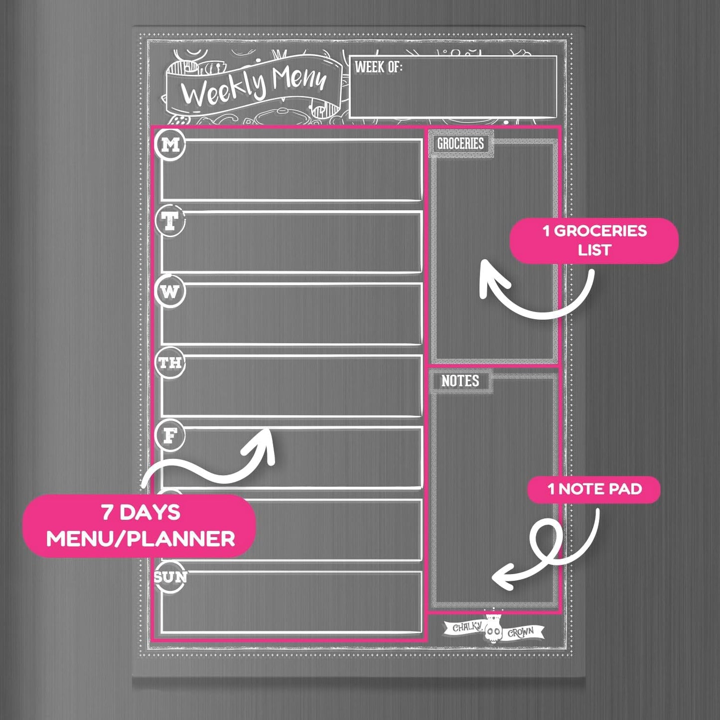 CHALKY CROWN Acrylic Magnetic Weekly Planner for Fridge - Menu Board for Kitchen with 8 Magnetic Markers - Weekly Meal Planner for Fridge with Grocery List & Notepad - Menu Planner (14.5x10.2)