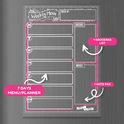 CHALKY CROWN Acrylic Magnetic Weekly Planner for Fridge - Menu Board for Kitchen with 8 Magnetic Markers - Weekly Meal Planner for Fridge with Grocery List & Notepad - Menu Planner (14.5x10.2)