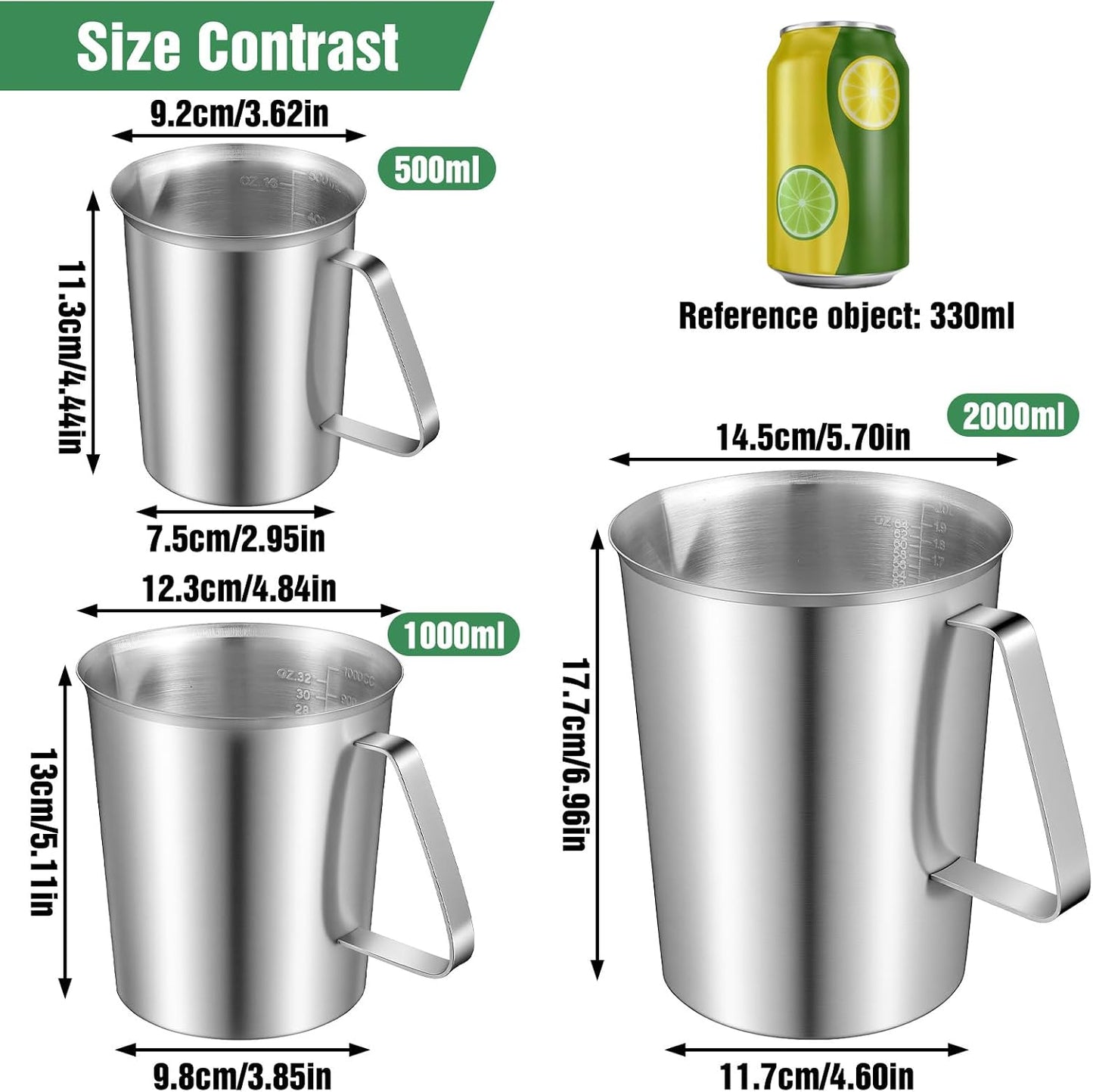 3 Pcs Stainless Steel Measuring Cups Set Metal Pitcher with Handle and Pour Spout Marked Pitcher for Latte Art Kitchen Bar 16oz/32oz/64oz (2/4/8 Cup)