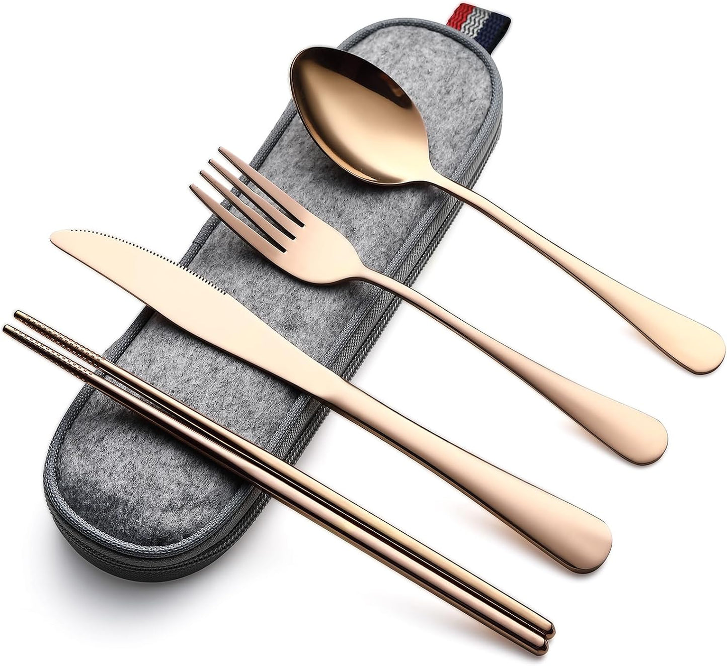 DEVICO Camping Utensils, Full-Size Reusable Silverware for Lunch Adult, Stainless Steel Travel Cutlery Set with Case, Portable Fork Spoon Knife Set for Work, Flatware with Chopsticks (Rainbow)