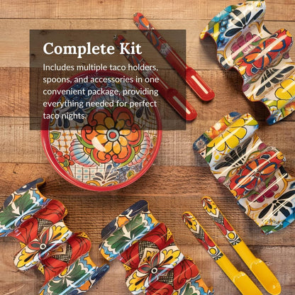 Prepara Taco Gift Set, Talavera - Taco Fiesta Talavera Pattern Serving Set for Taco Tuesday Night Parties, 6-Inch Party Bowl, 4 Taco Spoons for Easy Scooping, 4 Reversible Taco Holders