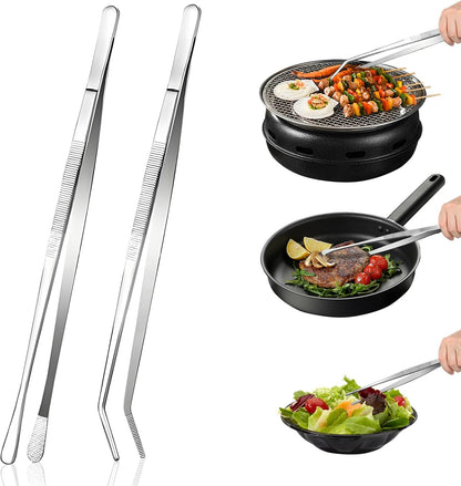 2-Piece Kitchen Tongs Set – 12-Inch Stainless Steel BBQ Tweezers with Straight & Curved Edges, Non-Slip Grip, Heavy Duty for Grilling Steak, Flipping Pancakes, Salads & Cooking