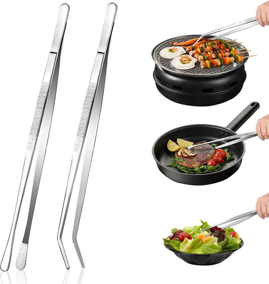 2-Piece Kitchen Tongs Set – 12-Inch Stainless Steel BBQ Tweezers with Straight & Curved Edges, Non-Slip Grip, Heavy Duty for Grilling Steak, Flipping Pancakes, Salads & Cooking