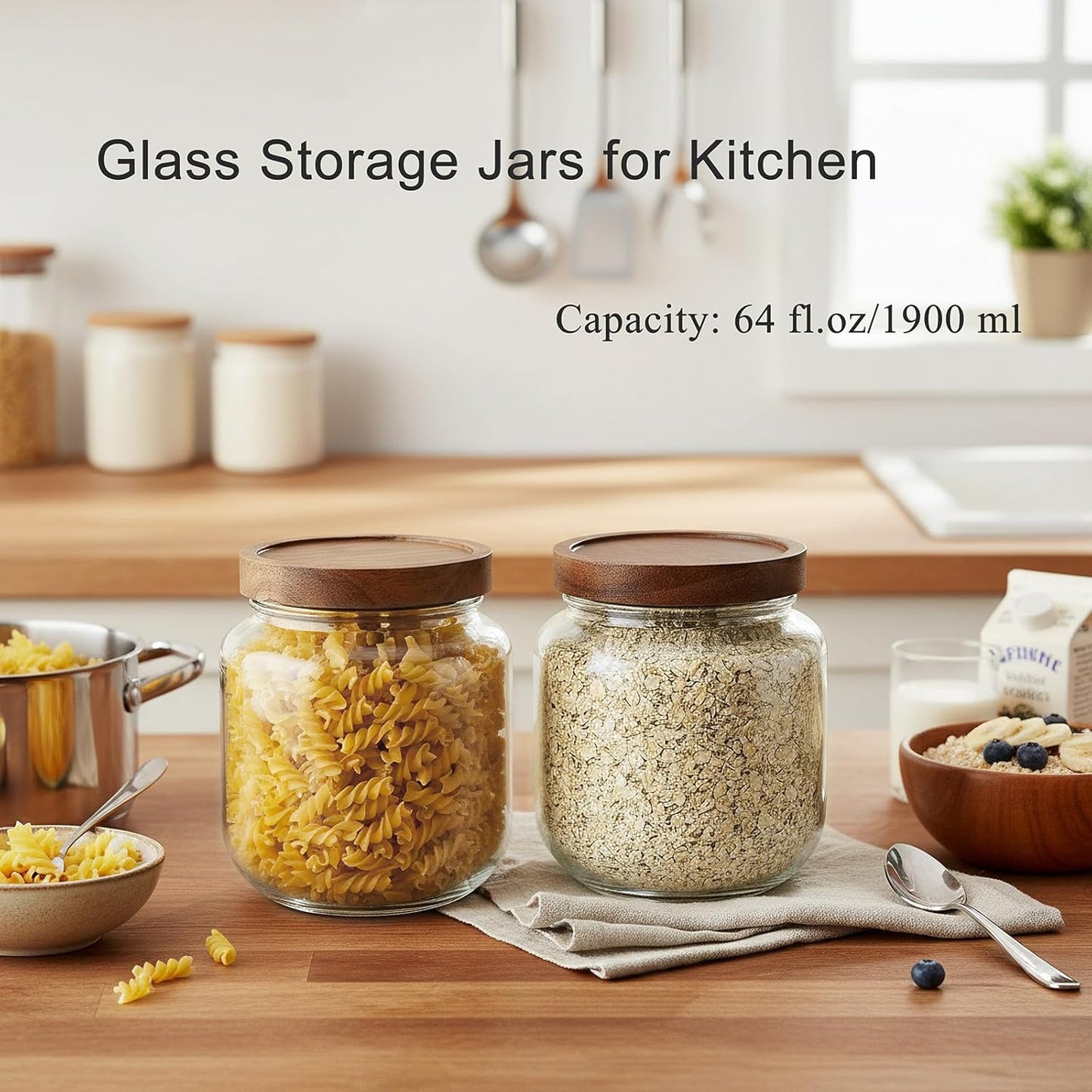2 Pack Glass Flour Sugar Storage Containers with Acacia Wooden Lid, 1 Gallon Glass Jars with Airtight Lid, Wide Mouth Large Mason Jars 128oz for Rice, Pasta, Oats, Coffee Storage