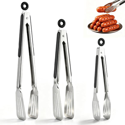Metal Tongs for Cooking, Set of 3 Stainless Steel Spatula Tongs – 7, 9 & 12 Inch Heavy Duty Kitchen Tongs with Strong Grip, Pull Lock for Grilling, Flipping Steak, Fish & Ribs