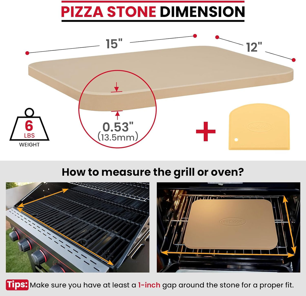 Unicook 15 x 12 Inch Pizza Stone for Oven and Grill, Rectangular, 6 Lbs