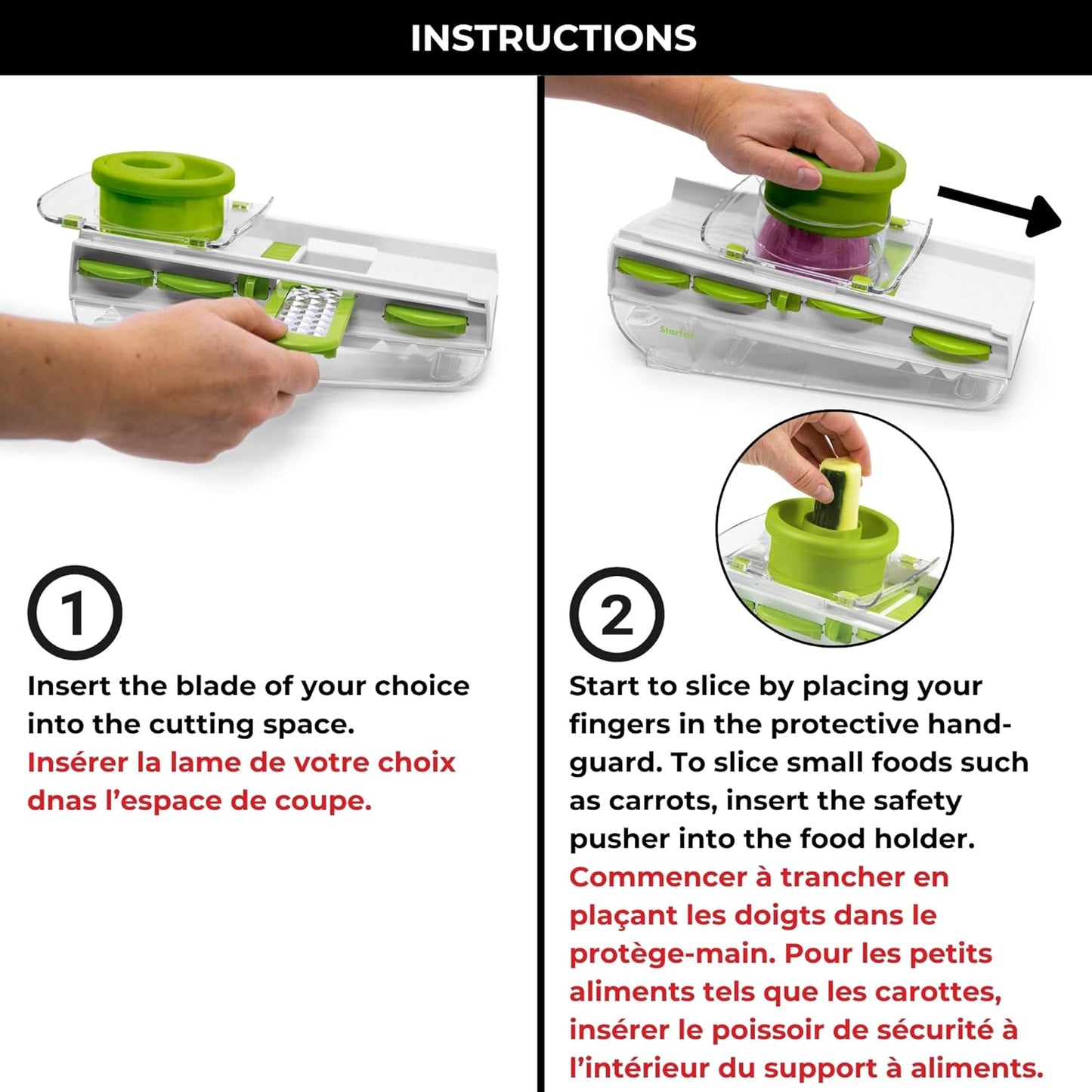 Starfrit Easy Mandoline Slicer, Dicer - 5-Blades - Straight & Crinkle Blades, Julienne, Grater & Shredder - Self-Feeding Pusher - Catch Base for Storage and Food Container