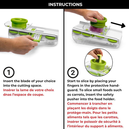 Starfrit Easy Mandoline Slicer, Dicer - 5-Blades - Straight & Crinkle Blades, Julienne, Grater & Shredder - Self-Feeding Pusher - Catch Base for Storage and Food Container