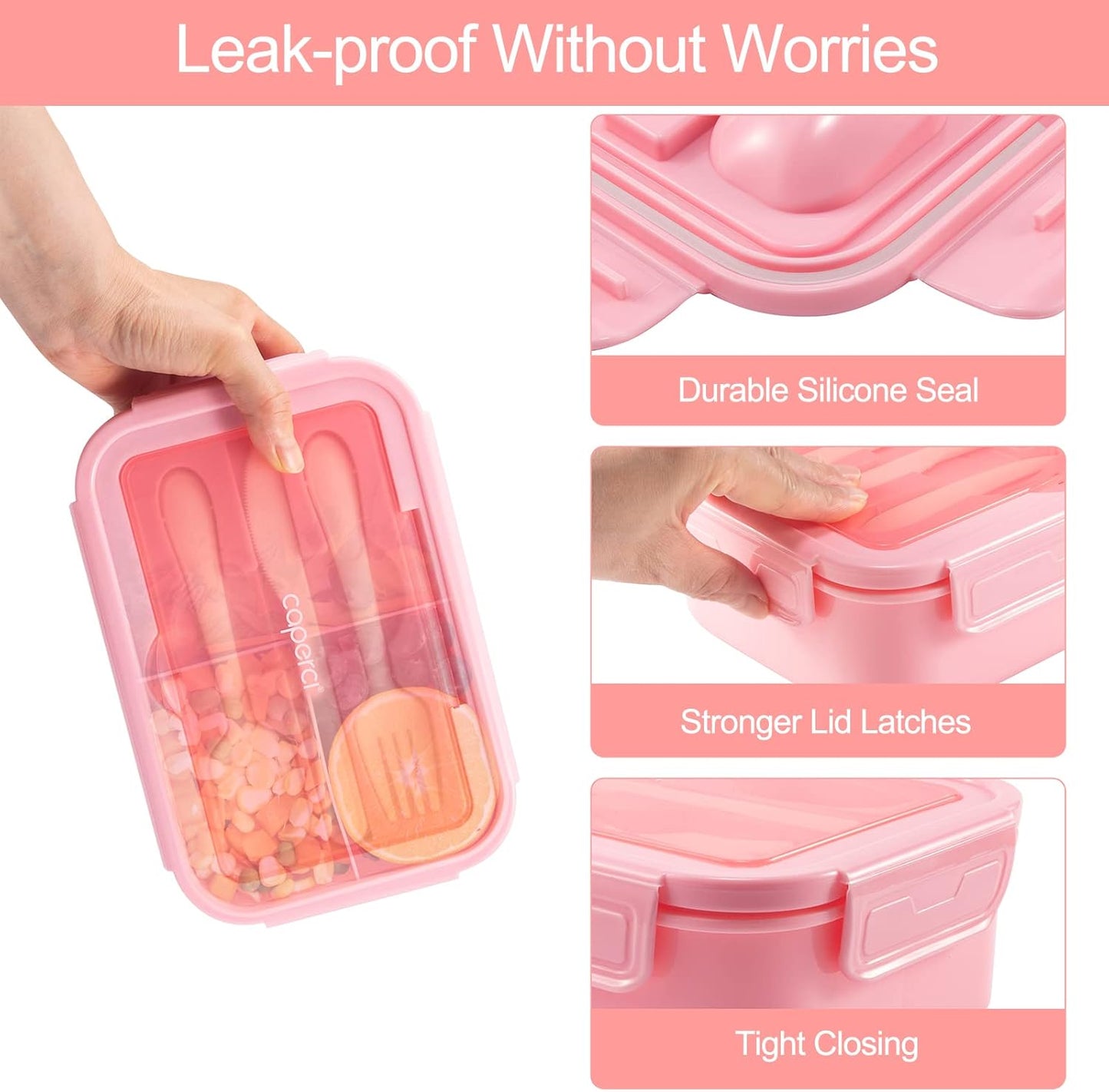 Caperci Classic Bento Box Adult Lunch Box for Older Kids - Leakpoof 47 oz 3-Compartment Lunch Containers for Adults and Teens, Built-in Utensil Set, Ideal for On-the-Go Balanced Eating,Khaki Green
