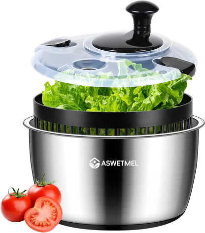 5.3QT Large Stainless Steel Salad Spinner, ASWETMEL Metal Salad Spinner with Locking Lid & Non-Slip Base, Lettuce Spinner for Washing and Drying Fruits Vegetables, Salad Dryer Spinner for Kitchen