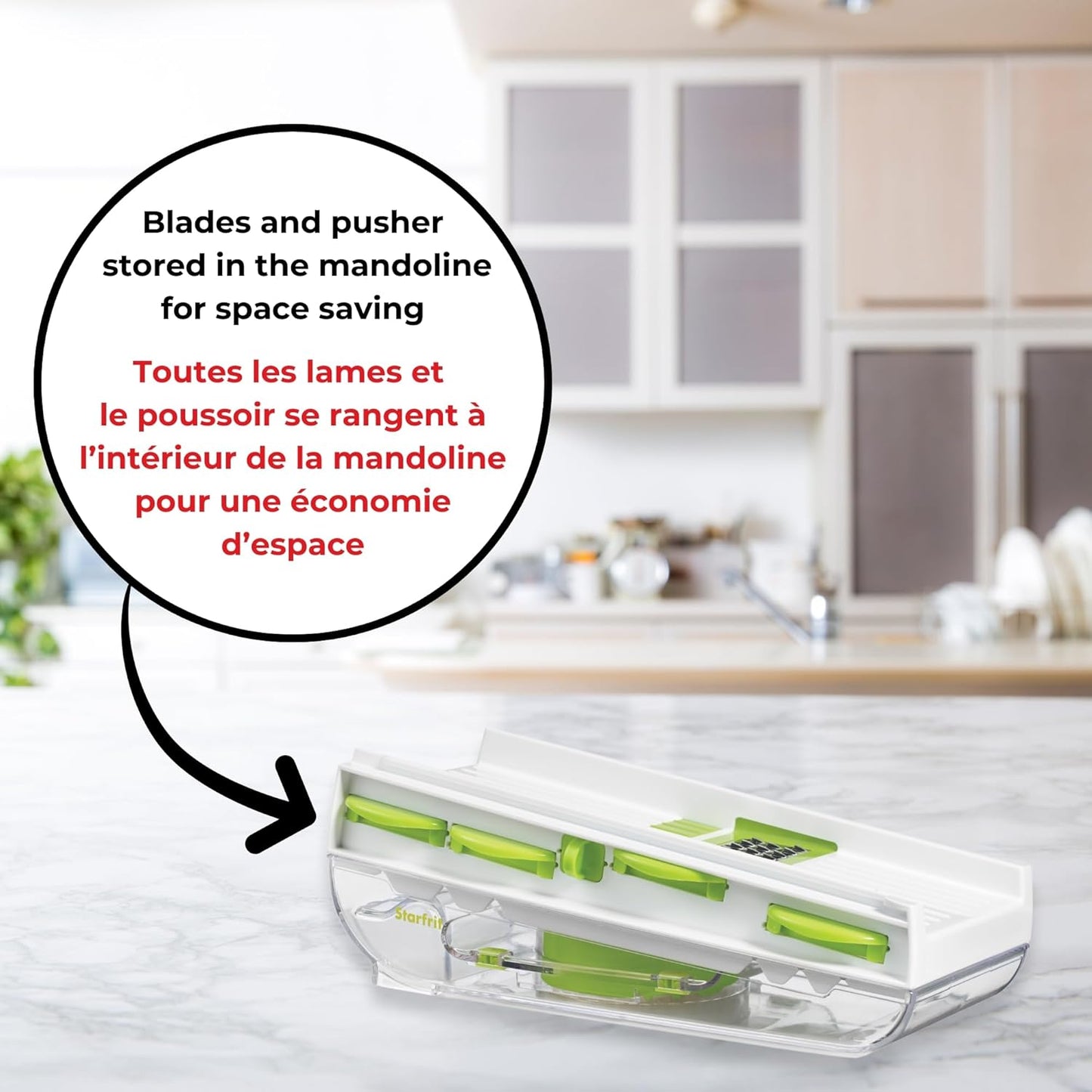 Starfrit Easy Mandoline Slicer, Dicer - 5-Blades - Straight & Crinkle Blades, Julienne, Grater & Shredder - Self-Feeding Pusher - Catch Base for Storage and Food Container