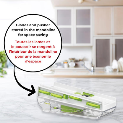 Starfrit Easy Mandoline Slicer, Dicer - 5-Blades - Straight & Crinkle Blades, Julienne, Grater & Shredder - Self-Feeding Pusher - Catch Base for Storage and Food Container