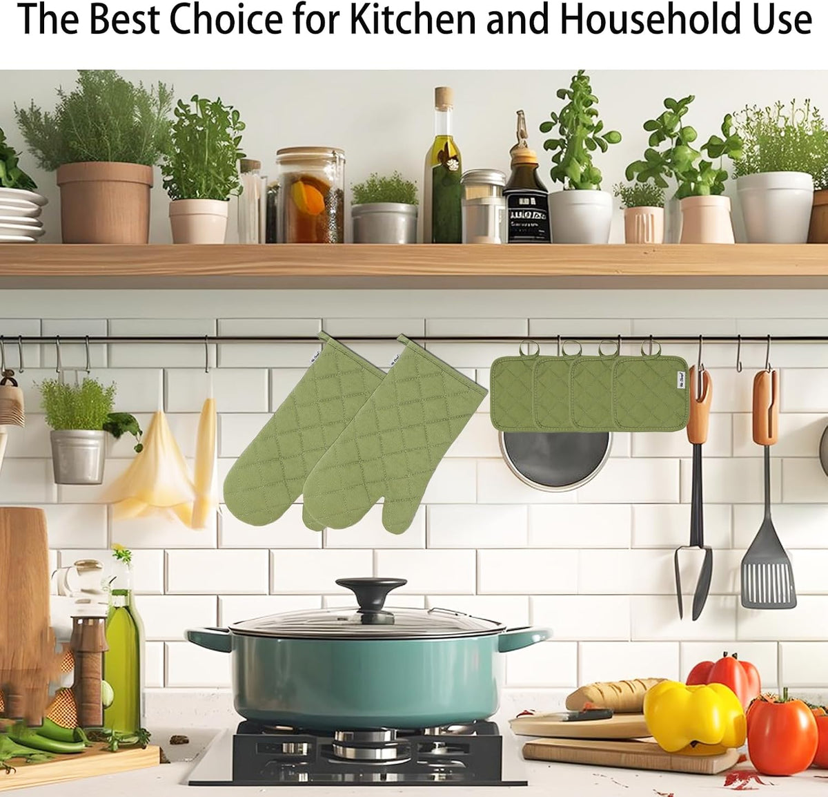 Oven Mitts and Pot Holders Sets,6 Pcs Oven Mitts and Potholders with Recycled Cotton High Heat Resistant Extra Thick Long Oven Mitts for Cooking(Black)