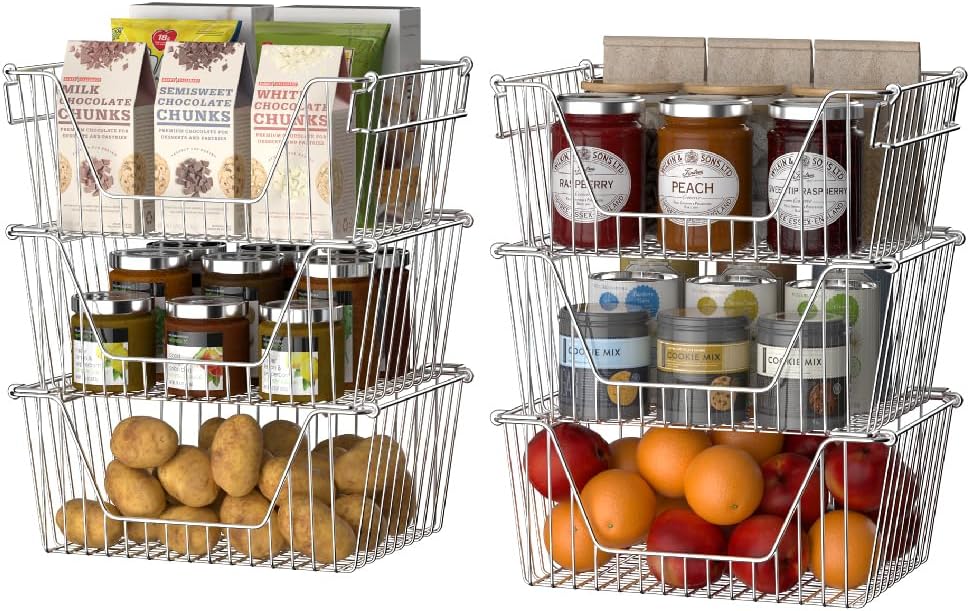 Slideep Wire Storage Baskets, Freezer Baskets Farmhouse Stackable Organizer Storage Bins Large Organizer for Storage, Office, Bathroom, Pantry Organization Storage with Handles 14" Black -Set of 3