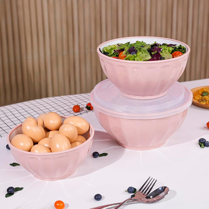 BoxedHome BPA Free Plastic Round Mixing Bowl with Lids, 12 Pack Nesting Bowls with Lids Set, Microwave and Dishwasher Safe Prep & Serving Bowls Great for Mixing, Baking, Serving (pinkish green, 12pcs)