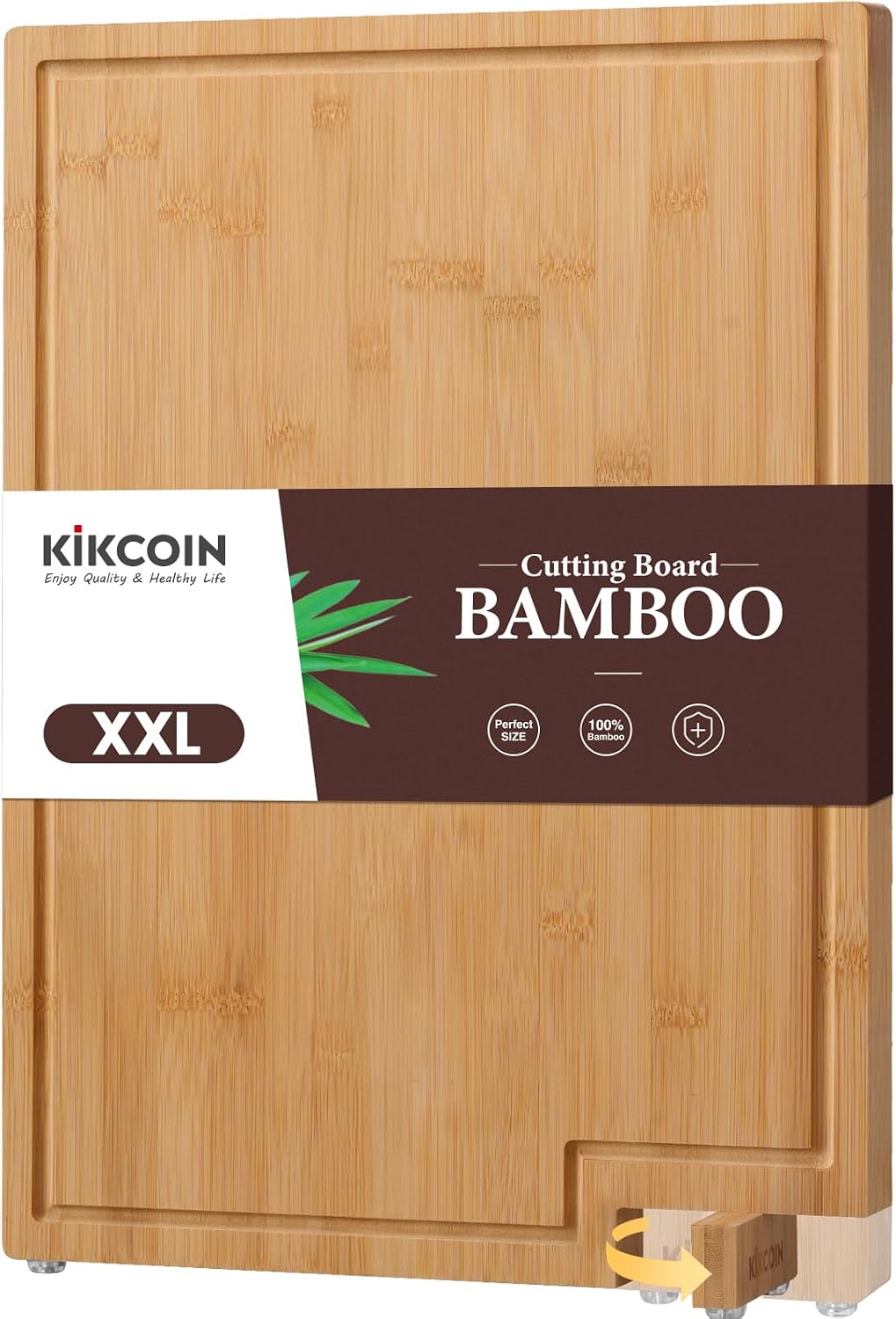 Kikcoin Bamboo Cutting Boards for Kitchen Set of 3, Extra Large Wood Cutting Board with Rotating Kickstand & Juice Groove, Wooden Chopping Board for Meats Veges Fruits, Heavy Duty Serving Tray