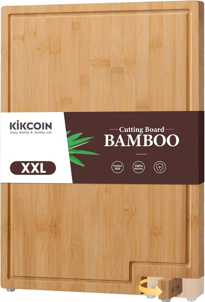Kikcoin Bamboo Cutting Boards for Kitchen Set of 3, Extra Large Wood Cutting Board with Rotating Kickstand & Juice Groove, Wooden Chopping Board for Meats Veges Fruits, Heavy Duty Serving Tray
