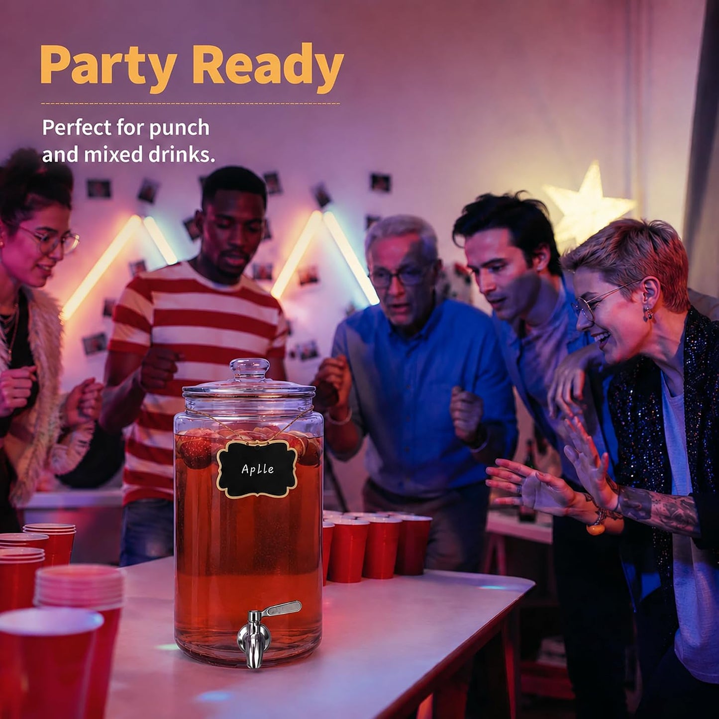 1 Gallon Beverage Dispenser 1 Pack, Stainless Steel Spigot Drink Dispenser for Parties with Stand, Clear Glass Drink Container Easy to Refill and Clean