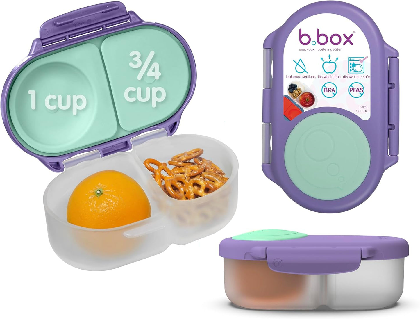 b.box Snack Box 2-Pack - Leak Proof Mini Bento Box for Kids & Toddlers, 2 Compartment Snack Containers for Kids, Dishwasher Safe, BPA-Free, PFAS-Free, Ages 4mo+, 1 3/4 Cup Each (Strawberry + Lilac)