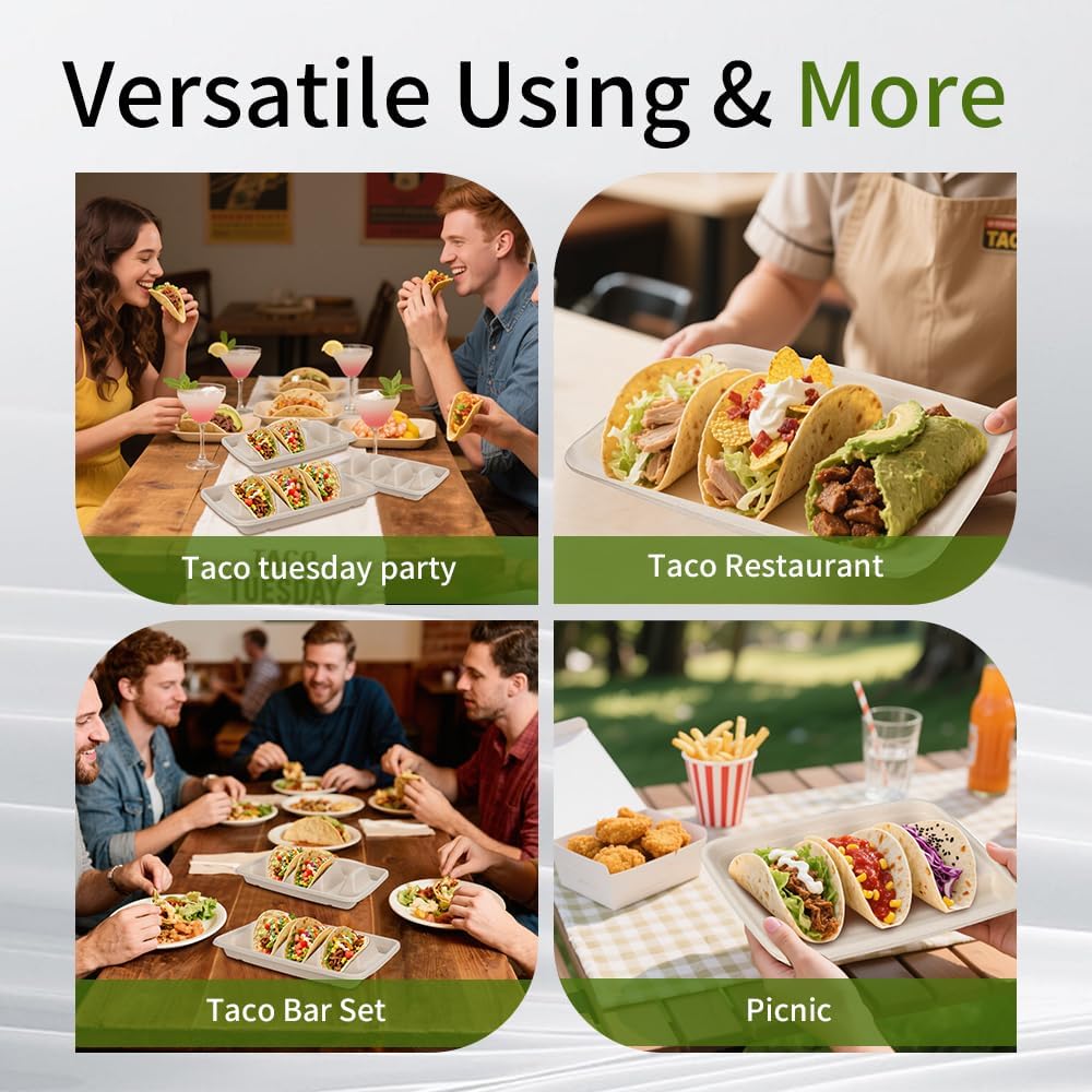 110 Pack Disposable Taco Holders,Taco Plates Disposable with 3 Dividers for Taco Tuesday Decorations and Party Taco Bar Serving Set