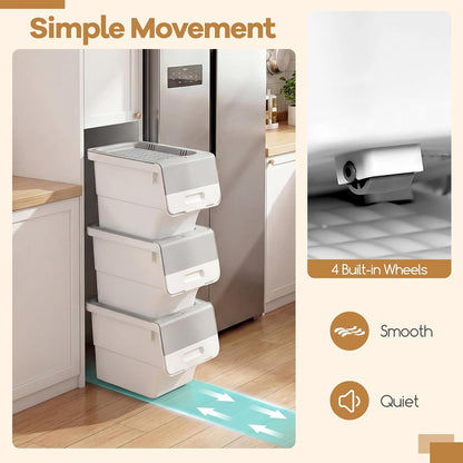 Giantex Plastic Stackable Storage Bins with Lids & Wheels, 3 Pack Open Front Stacking Bins, Organizer Bins for Pantry, Kitchen, Laundry, Closet, Playroom, Bedroom Organization (12.5 QT)