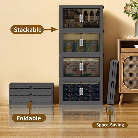 51QT Stackable Storage Bins with Lids & Wheels - Foldable Cabinet Clear Door Plastic Organizer Containers for Home, Garage, Pantry Organization - Collapsible Design Gray 5T