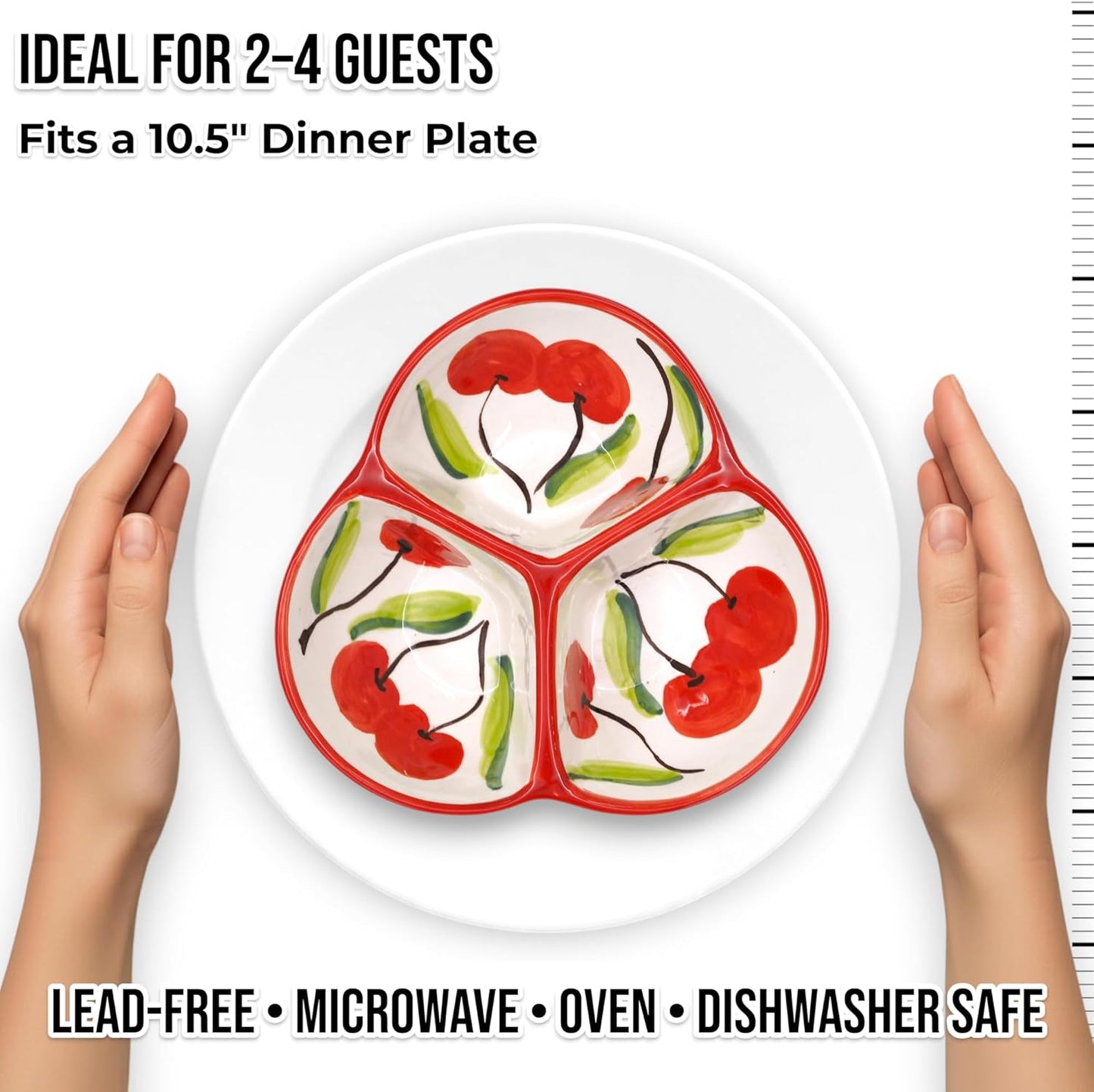 Ceramic Chip & Dip Bowl 7.5”, 3-Compartment Divided Serving Dish & Condiment Tray for Appetizers – Handmade in Spain, Lead-Free Glaze, Microwave, Oven & Dishwasher Safe