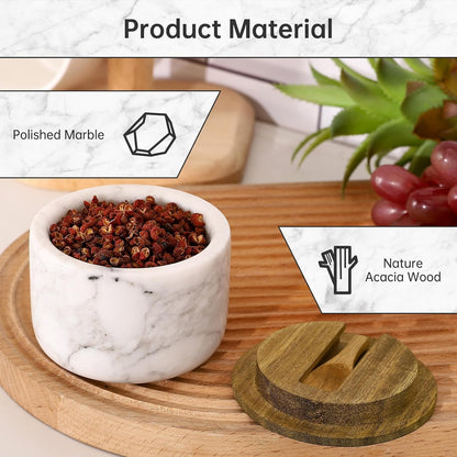 Salt and Pepper Bowl, Marble Salt Cellar and Spices Storage Container With Built-in Spoon and Acacia Wood Lid - 6.5oz Capacity (White)