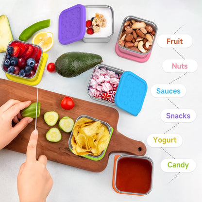 SOPHICO Stainless Steel Snack Containers for Kids, 8 oz Small Food Storage Container 1 Cup with Silicone Lid - Perfect 304 Metal Toddler Lunch Box for Daycare and School, Leak Proof (MIX, 4 PACK)