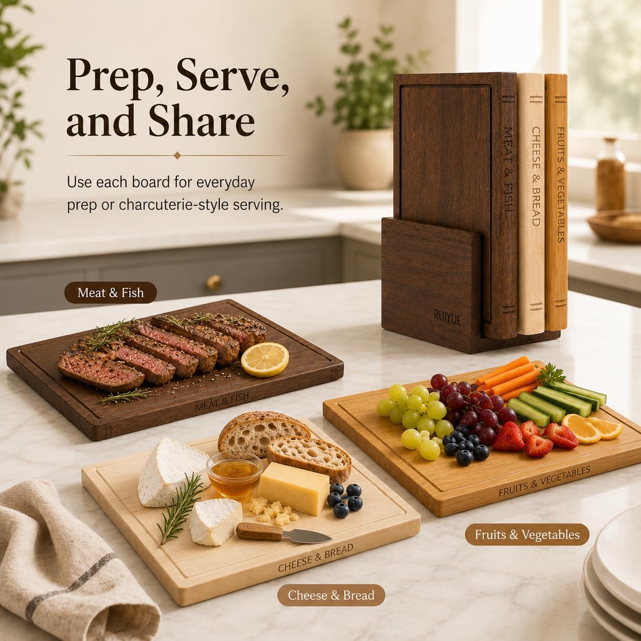 Book Shaped Cutting Board Set with Walnut Stand, 3 PCS Wooden Cutting Boards (13"x10"), Maple Sapele & Bamboo Charcuterie Serving Boards, Decorative Kitchen Decor Gift for Housewarming (1Set)