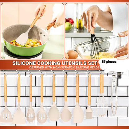 “37-Piece Silicone Kitchen khaki Utensil Set – Food-Grade Nonstick Cooking Tools with Wooden Handles, Measuring Cups & Spoons, Tongs, Spatulas, Ladle, Oven Mitt & Holder – Heat Resistant & BPA Free”