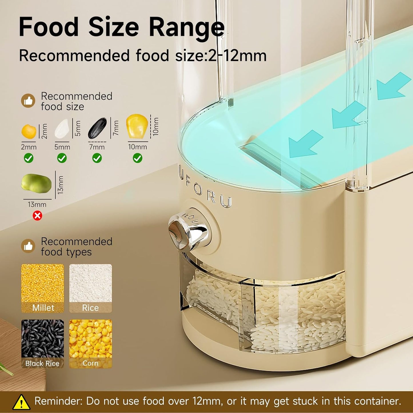 UFORU Rice Dispenser, Rice Storage Container with Measuring Cup for Kitchen Pantry Household, Dry Food Storage Containers Airtight, Sealed Moisture Proof (White 11Lbs)