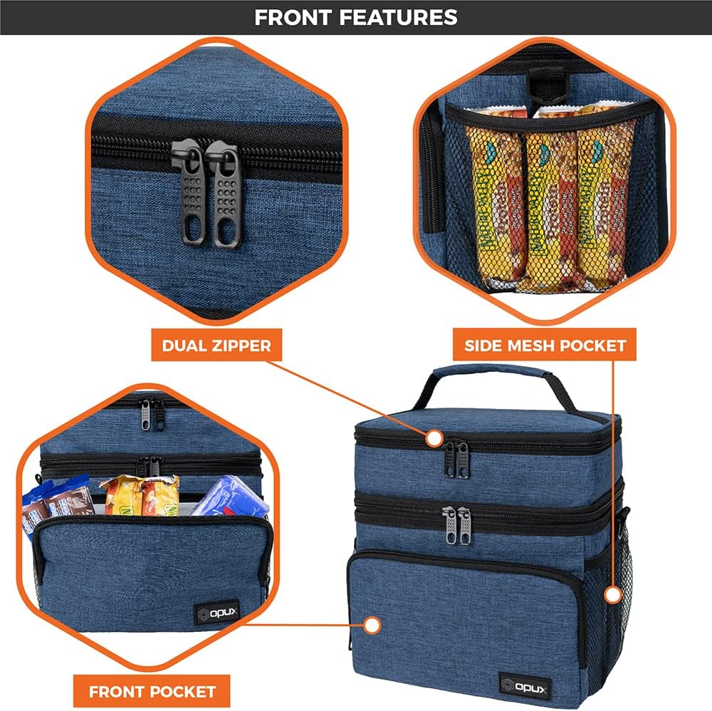 opux Insulated Lunch Bag for Men Women, Large Dual Compartment Cooler Bag, Soft Two Deck Lunch Box for Work School Picnic, Leakproof Lunch Tote with Shoulder Strap for Kid Adult (Purple, Double Deck)