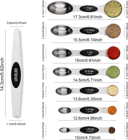 Magnetic Measuring Spoons Set Stainless Steel with Leveler, Stackable Metal Tablespoon Measure Spoon for Baking, Cups and Spoon Set Kitchen Gadgets Apartment Essentials Fits in Spice Jars