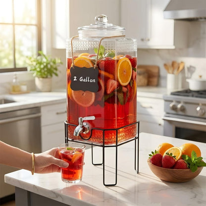 Drink Dispenser, Drink Dispensers for Parties, 1 Gallon Glass Beverage Dispenser with Stand and Glass Lid, 100% Leakproof Spigot, Ideal for Lemonade, Juice, Iced Tea, Laundry Detergent