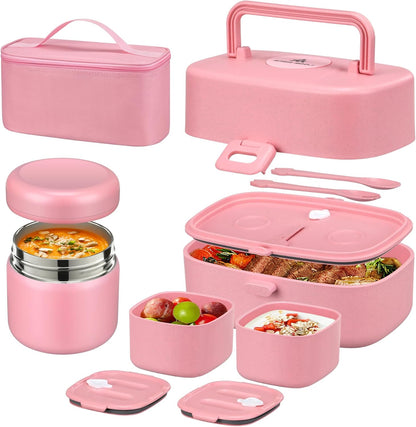 Pawtong Bento Lunch Box with 8oz Soup Thermo, Kids Sustainable Bento Box Leakproof Lunch Food Containers with Lunch Bag, Kids Thermo Insulated Hot Food Jar for School, Trvael (Blue)