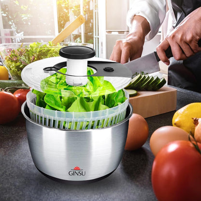 GINSU Pump Salad Spinner with Stainless Steel Bowl 6L Large Capacity Manual Spinner, Durable BPA-Free Design for Fast Drying Lettuce, Vegetables & Fruits