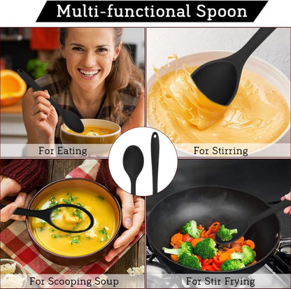 Cooking Spoon 2Pcs 10.8'' Large Serving Spoons Black Heat Resistant Silicone Spoon, Non-Stick Mixing Kitchen Spoons, Premium Silicone Kitchen Utensils for Stirring, Baking & Mixing, Dishwasher Safe