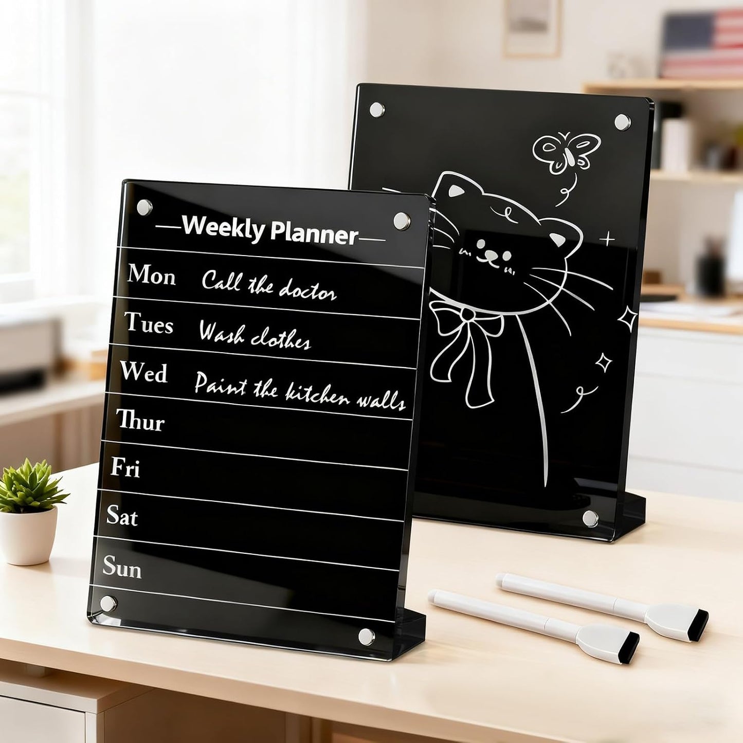 2PCS Clear Acrylic Weekly Dry Erase Board Desktop, 8x6 Small Magnetic Whiteboard with Stand for Table Calendar Memo Board for Fridge, Office, School, Home