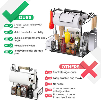 Grill Caddy for Outdoor Grill with 2 Paper Towel Holders,Barbecue Tool Sets Storage Organizer,BBQ Caddy for Outdoor Grill with 9 Compartments & 8 Hooks,Picnic Caddy Grilling Gifts for Men
